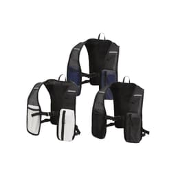A hydration pack featuring a mesh design, available in black, navy, and white colours, with multiple pockets and straps.