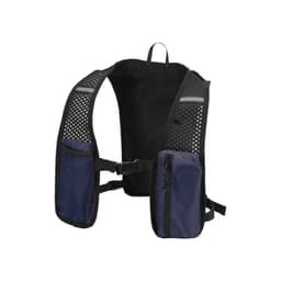 A navy and black hydration pack with mesh panels and adjustable straps, featuring pockets for storage.