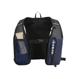 A navy blue hydration pack with mesh pockets and adjustable straps, featuring a logo on the front.