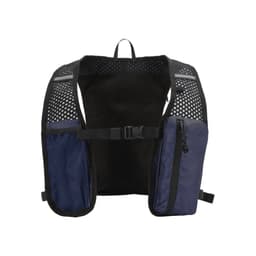 A recycled running vest hydration pack in navy blue with mesh back and two zippered pockets. Includes a logo.