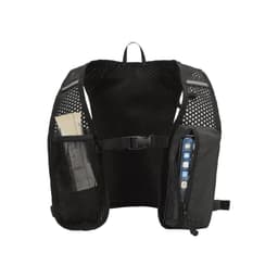 A black hydration pack with mesh panels and pockets for storage, featuring a branding logo.