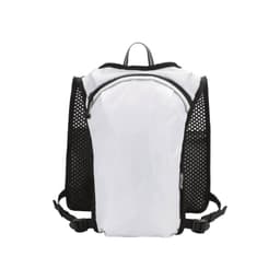 A white and black running vest hydration pack with mesh sides and a zippered main compartment. It features a logo.