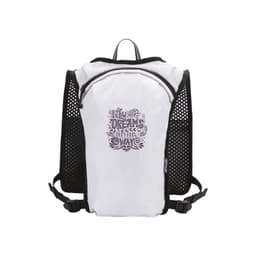 A white running vest hydration pack with black mesh sides and a zippered front compartment. It features a logo.
