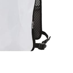 A recycled running vest hydration pack in white and black, featuring mesh material and adjustable straps.