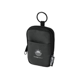 A small black pouch with a zipper and a keyring, featuring a logo and made from recycled materials.