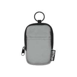 A small grey pouch made from recycled polyester, featuring a zip closure and a keyring attachment.