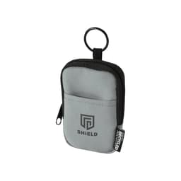 A grey recycled pouch with a black zipper and keyring, featuring a front pocket and a logo.