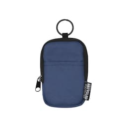 A small navy blue pouch with a keyring and zipper, made from recycled polyester, featuring a logo.