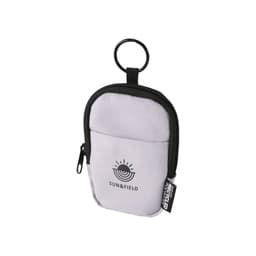 A small pouch in grey with a black zipper and a keyring attachment. Features a logo on the front.