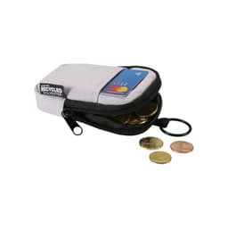A small grey and black pouch made from recycled materials, containing coins and a card inside.