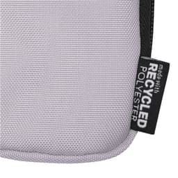 A small pouch in light grey made from recycled polyester, featuring a zip closure and branding.