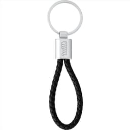 A black vegan leather twist key ring with a silver metal attachment and branding on the clasp.