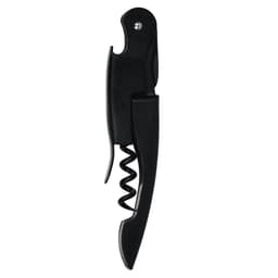A black wine waiters knife featuring a corkscrew and a lever for removing bottle corks. It has a simple design and logo.
