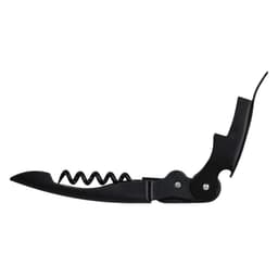 A premium wine waiters knife in black, featuring a corkscrew and a foil cutter. It has a sleek design and a logo.