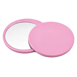 A pink circular makeup mirror with a smooth finish, featuring two sides—one reflective and one plain.