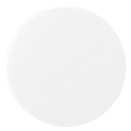 A round, white makeup mirror with a sleek design. It features a reflective surface and has a logo.