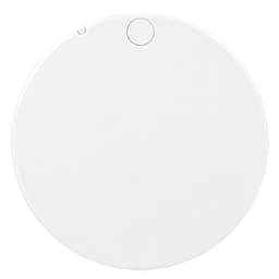 A round white makeup mirror with a small button on one side, featuring a simple and sleek design.