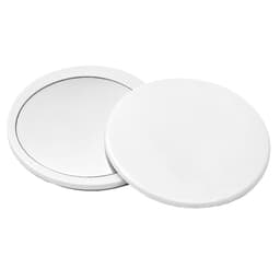 A round white makeup mirror with a sleek design, featuring a reflective surface and a smooth backing.