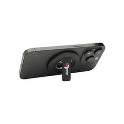 A magnetic phone stand in black, featuring a bottle opener and a logo, mounted on the back of a smartphone.
