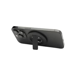 A black magnetic phone stand made from recycled plastic, featuring a bottle opener and a pull-out stand mechanism.