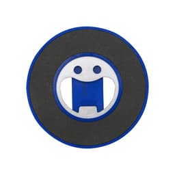 A drink bottle opener in blue and grey, featuring a magnetic phone stand and a smiling face design.