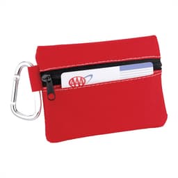 A red zippered pouch with a carabiner clip and a visible card peeking out. Ideal for storing small items.