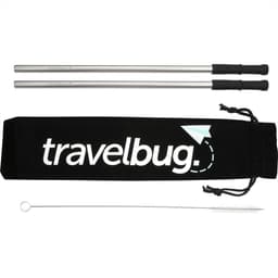 A reusable stainless steel straw set in silver with a black carrying pouch and cleaning brush.