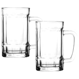 A set of two clear glass beer mugs, each with a sturdy handle and traditional design.