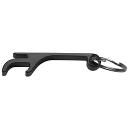A black aluminum bottle and can opener with a keyring attachment. It features a sleek, minimalist design.