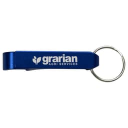 A blue aluminium can opener with a keyring attachment and a logo.