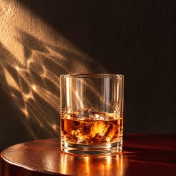 A rocks glass filled with amber liquid and ice cubes, placed on a wooden surface with soft shadows.
