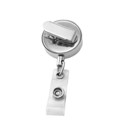 A metallic zip pull badge holder with a clear plastic strap, featuring a circular metal reel and a clip on top.