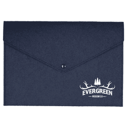 A navy felt folder with a pointed flap closure and a logo on the front.