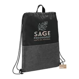 A black drawstring bag with a grey bottom section and a logo. Made from recycled materials.
