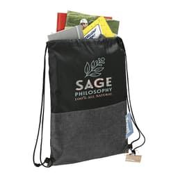 A black and grey recycled drawstring bag with a front pocket, filled with papers and bound with a logo.