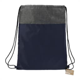A navy blue and grey drawstring bag with a logo at the front. Made from recycled materials.