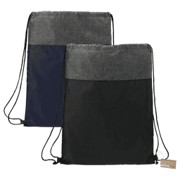 A drawstring bag featuring a grey top and black or navy body, with a logo on the side. Made from recycled materials.
