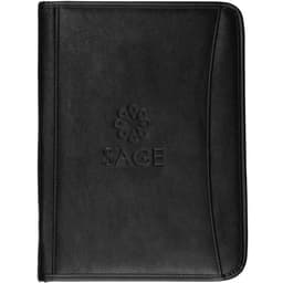 A black portfolio featuring a subtle logo on the front. It has a sleek, professional design.
