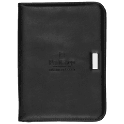 A black compendium with a smooth finish, featuring a silver clip and a logo on the front.