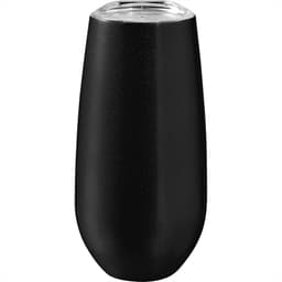 A drink bottle in matte black finish with a clear lid, designed as a vacuum champagne flute.