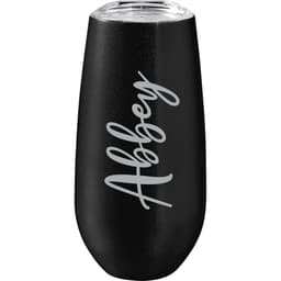 A drink bottle in matte black with a clear lid and a logo. Designed for beverages like champagne or cocktails.
