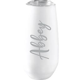 A drink bottle in white with a sleek design, featuring a clear lid and a grey logo.
