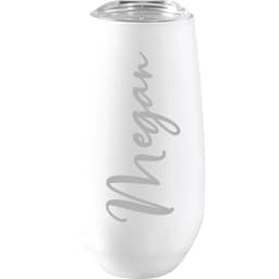 A drink bottle in white with a clear lid, featuring a simple logo and elegant script engraving.