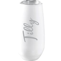 A drink bottle, featuring a sleek white design with a transparent lid and grey text, has a logo on the side.