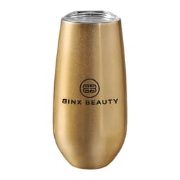 A drink bottle featuring a gold matte finish, with a clear lid and a logo on the front.