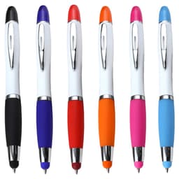 A selection of six ballpoint pens with coloured grips, featuring black, blue, red, orange, pink, and purple options. Each has a logo.