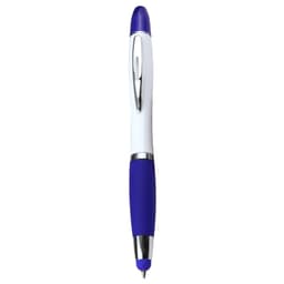A ballpoint pen with a blue tip and grip, featuring a white barrel and a silver clip, includes branding.
