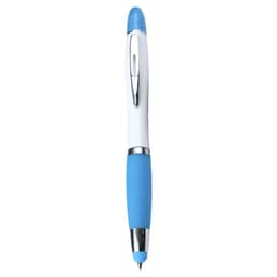 A blue ballpoint pen with a white body and blue grip, featuring a silver clip and a logo.