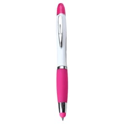 A pink and white ballpoint pen with a silver clip and a stylus tip. It has a smooth grip for comfort.
