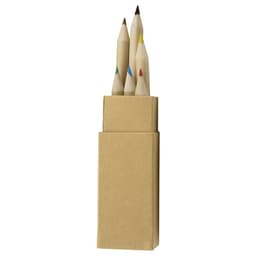 A coloured pencil set featuring six pencils in various colours, presented in a simple cardboard box with a logo.